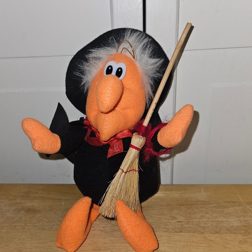 Vintage Halloween Witch Plush Figure with Broom Orange Black Hanging Decor